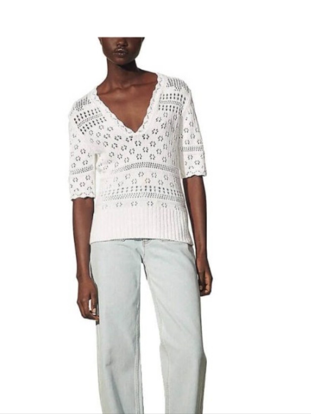 Sandro Joe Pointelle Knit Short Sleeve Sweater